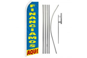 Financiamos Aqui Superknit Polyester Swooper Flag Size 11.5ft by 2.5ft & 6 Piece Pole & Ground Spike Kit