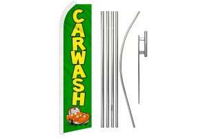 Car Wash Green Superknit Polyester Swooper Flag Size 11.5ft by 2.5ft & 6 Piece Pole & Ground Spike Kit