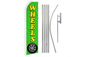 Wheels Green Superknit Polyester Swooper Flag Size 11.5ft by 2.5ft & 6 Piece Pole & Ground Spike Kit
