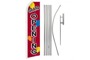 Grand Opening Balloons Superknit Polyester Swooper Flag Size 11.5ft by 2.5ft & 6 Piece Pole & Ground Spike Kit