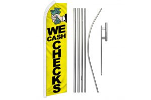 We Cash Checks Superknit Polyester Swooper Flag Size 11.5ft by 2.5ft & 6 Piece Pole & Ground Spike Kit