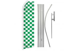 Green & White Checkered Superknit Polyester Swooper Flag Size 11.5ft by 2.5ft & 6 Piece Pole & Ground Spike Kit
