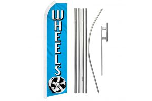 Wheels Blue Superknit Polyester Swooper Flag Size 11.5ft by 2.5ft & 6 Piece Pole & Ground Spike Kit