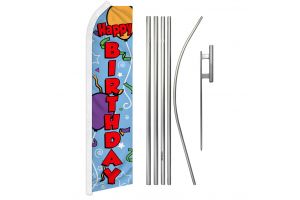 Happy Birthday Superknit Polyester Swooper Flag Size 11.5ft by 2.5ft & 6 Piece Pole & Ground Spike Kit