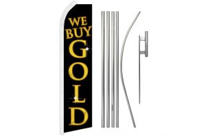 We Buy Gold Black Superknit Polyester Swooper Flag Size 11.5ft by 2.5ft & 6 Piece Pole & Ground Spike Kit
