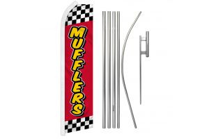Muffler Red Checkered Superknit Polyester Swooper Flag Size 11.5ft by 2.5ft & 6 Piece Pole & Ground Spike Kit