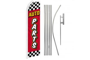 Auto Parts  Red Checkered Superknit Polyester Swooper Flag Size 11.5ft by 2.5ft & 6 Piece Pole & Ground Spike Kit