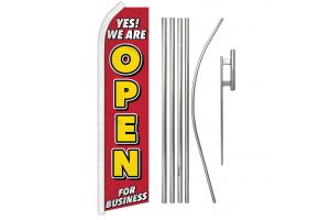 Yes! We Are Open Superknit Polyester Swooper Flag Size 11.5ft by 2.5ft & 6 Piece Pole & Ground Spike Kit