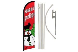 Seasons Greetings Snowman Superknit Polyester Swooper Flag Size 11.5ft by 2.5ft & 6 Piece Pole & Ground Spike Kit