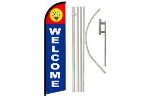 Welcome Happy Face Superknit Polyester Swooper Flag Size 11.5ft by 2.5ft & 6 Piece Pole & Ground Spike Kit