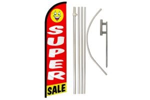 Super Sale Happy Face Superknit Polyester Swooper Flag Size 11.5ft by 2.5ft & 6 Piece Pole & Ground Spike Kit