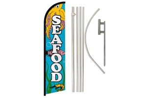 Seafood Superknit Polyester Swooper Flag Size 11.5ft by 2.5ft & 6 Piece Pole & Ground Spike Kit