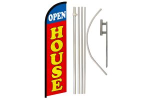 Open House Blue & Red Superknit Polyester Swooper Flag Size 11.5ft by 2.5ft & 6 Piece Pole & Ground Spike Kit