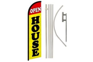 Open House Red & Yellow Superknit Polyester Swooper Flag Size 11.5ft by 2.5ft & 6 Piece Pole & Ground Spike Kit