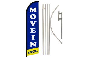Move In Special Blue Superknit Polyester Swooper Flag Size 11.5ft by 2.5ft & 6 Piece Pole & Ground Spike Kit