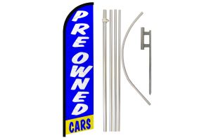 Preowned Cars Blue & White Superknit Polyester Swooper Flag Size 11.5ft by 2.5ft & 6 Piece Pole & Ground Spike Kit