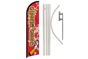Smoke Shop Red Superknit Polyester Swooper Flag Size 11.5ft by 2.5ft & 6 Piece Pole & Ground Spike Kit