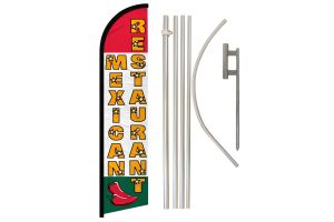 Mexican Restaurant Superknit Polyester Swooper Flag Size 11.5ft by 2.5ft & 6 Piece Pole & Ground Spike Kit