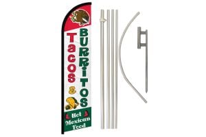 Tacos & Burritos Superknit Polyester Swooper Flag Size 11.5ft by 2.5ft & 6 Piece Pole & Ground Spike Kit