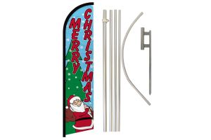 Merry Christmas Snow Superknit Polyester Swooper Flag Size 11.5ft by 2.5ft & 6 Piece Pole & Ground Spike Kit