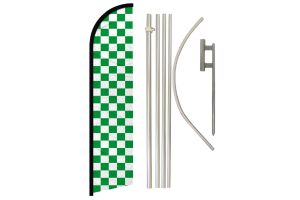 Green & White Checkered Superknit Polyester Swooper Flag Size 11.5ft by 2.5ft & 6 Piece Pole & Ground Spike Kit