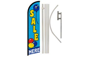 Sale Here Balloons Superknit Polyester Swooper Flag Size 11.5ft by 2.5ft & 6 Piece Pole & Ground Spike Kit