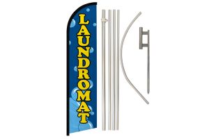 Laundromat Superknit Polyester Swooper Flag Size 11.5ft by 2.5ft & 6 Piece Pole & Ground Spike Kit