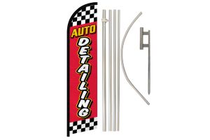 Auto Detailing (Red Checkered) Windless Banner Flag & Pole Kit