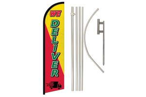 We Deliver Red & Yellow Superknit Polyester Swooper Flag Size 11.5ft by 2.5ft & 6 Piece Pole & Ground Spike Kit