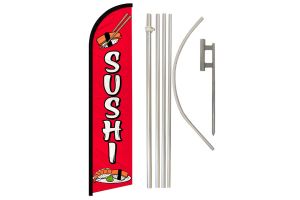 Sushi Solid Red Superknit Polyester Swooper Flag Size 11.5ft by 2.5ft & 6 Piece Pole & Ground Spike Kit
