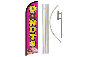 Donuts Pink Superknit Polyester Swooper Flag Size 11.5ft by 2.5ft & 6 Piece Pole & Ground Spike Kit