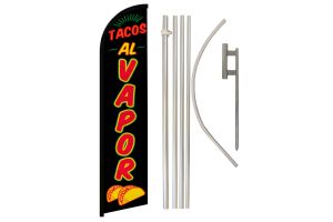 Tacos Al Vapor Superknit Polyester Swooper Flag Size 11.5ft by 2.5ft & 6 Piece Pole & Ground Spike Kit