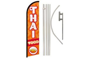 Thai Food Superknit Polyester Swooper Flag Size 11.5ft by 2.5ft & 6 Piece Pole & Ground Spike Kit