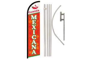 Comida Mexicana Superknit Polyester Swooper Flag Size 11.5ft by 2.5ft & 6-Piece Pole & Ground Spike