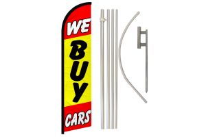 "WE BUY CARS" FLAG & 4 PIECE POLE KIT W/ GROUND SPIKE OR TIRE MOUNT 16' 