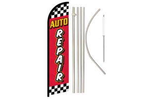 Auto Repair (Red Checkered) Windless Banner Flag & Pole Kit
