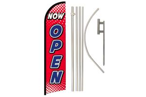 Now Open Red & White  Superknit Polyester Swooper Flag Size 11.5ft by 2.5ft & 6 Piece Pole & Ground Spike Kit