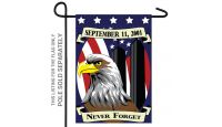 Never Forget 9/11 Printed Polyester Garden Flag 12in by 18in shown on Pole