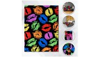 Kiss Kiss Colorful  Blanket 50in by 60in in Soft Plush with closeups of material and displayed on furniture
