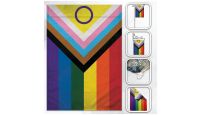 H&G Studios Inclusive Pride Printed Polyester Flag 12in by 18in with close ups of material and on pole
