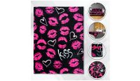 Kiss Kiss Pink  Blanket 50in by 60in in Soft Plush with closeups of material and displayed on furniture