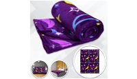 Moon & Stars Purple  Blanket 50in by 60in in Soft Plush with closeups of material and displayed on furniture