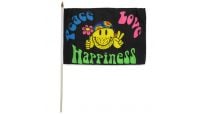 Peace Love & Happiness Stick Flag 12in by 18in on 24in Wooden Dowel