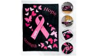 Pink Ribbon Hope  Blanket 50in by 60in in Soft Plush with closeups of material and displayed on furniture