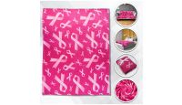Pink Ribbon Pink  Blanket 50in by 60in in Soft Plush with closeups of material and displayed on furniture