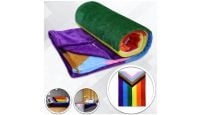 Rainbow  Blanket 50in by 60in in Soft Plush with closeups of material and displayed on furniture