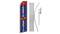 Su Trabajo Es Su Credito Blue Superknit Polyester Swooper Flag Size 11.5ft by 2.5ft & 6 Piece Pole & Ground Spike Kit