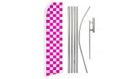 Pink & White Checkered Superknit Polyester Swooper Flag Size 11.5ft by 2.5ft & 6 Piece Pole & Ground Spike Kit