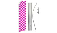 Pink & White Checkered Superknit Polyester Swooper Flag Size 11.5ft by 2.5ft & 6 Piece Pole & Ground Spike Kit
