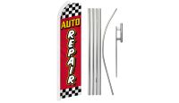 Auto Repair Red Checkered Superknit Polyester Swooper Flag Size 11.5ft by 2.5ft & 6 Piece Pole & Ground Spike Kit